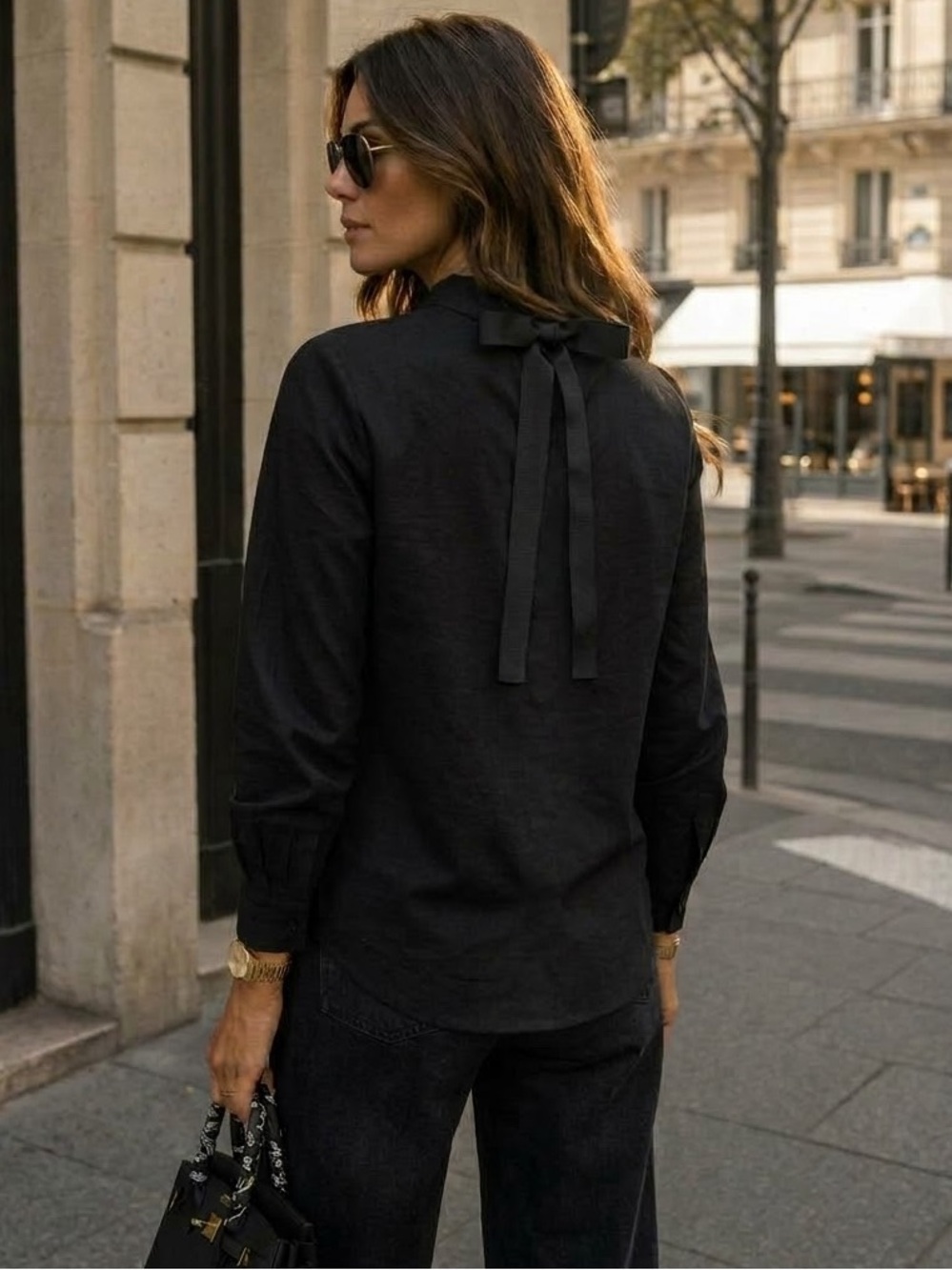 Diesel Black Button-Down Lightweight Blouse with Back Ribbon Tie Size M